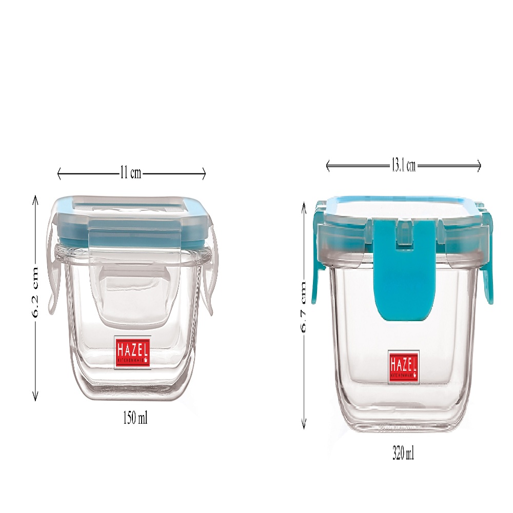 HAZEL Borosilicate Glass Square Airtight & Leak Proof Container, Set of 3 (2 x 150 ml, 1 x 320 ml) - Transparent