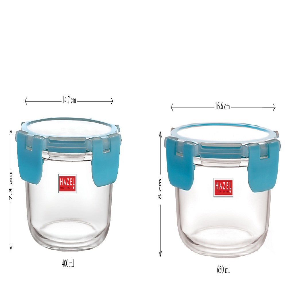 HAZEL Borosilicate Glass Round Airtight & Leak Proof Container, Set of 3 (1 x 400 ml, 1 x 650 ml, 1 x 950 ml) - Transparent