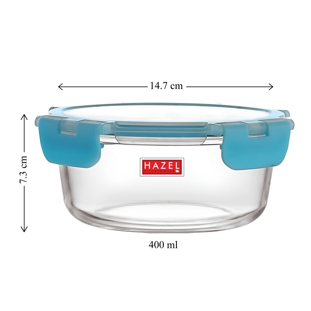 HAZEL Borosilicate Glass Round Airtight & Leak Proof Container, Set of 3 (3 x 400 ml) - Transparent