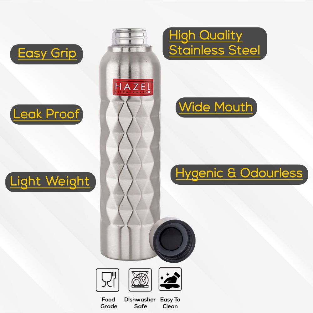 Steel Water Bottle 1 Litre By HAZEL Loch S1 | Stainless Steel Single Wall Fridge Water Bottle For Office | School | Trekking | Hiking | Travel, Set of 6