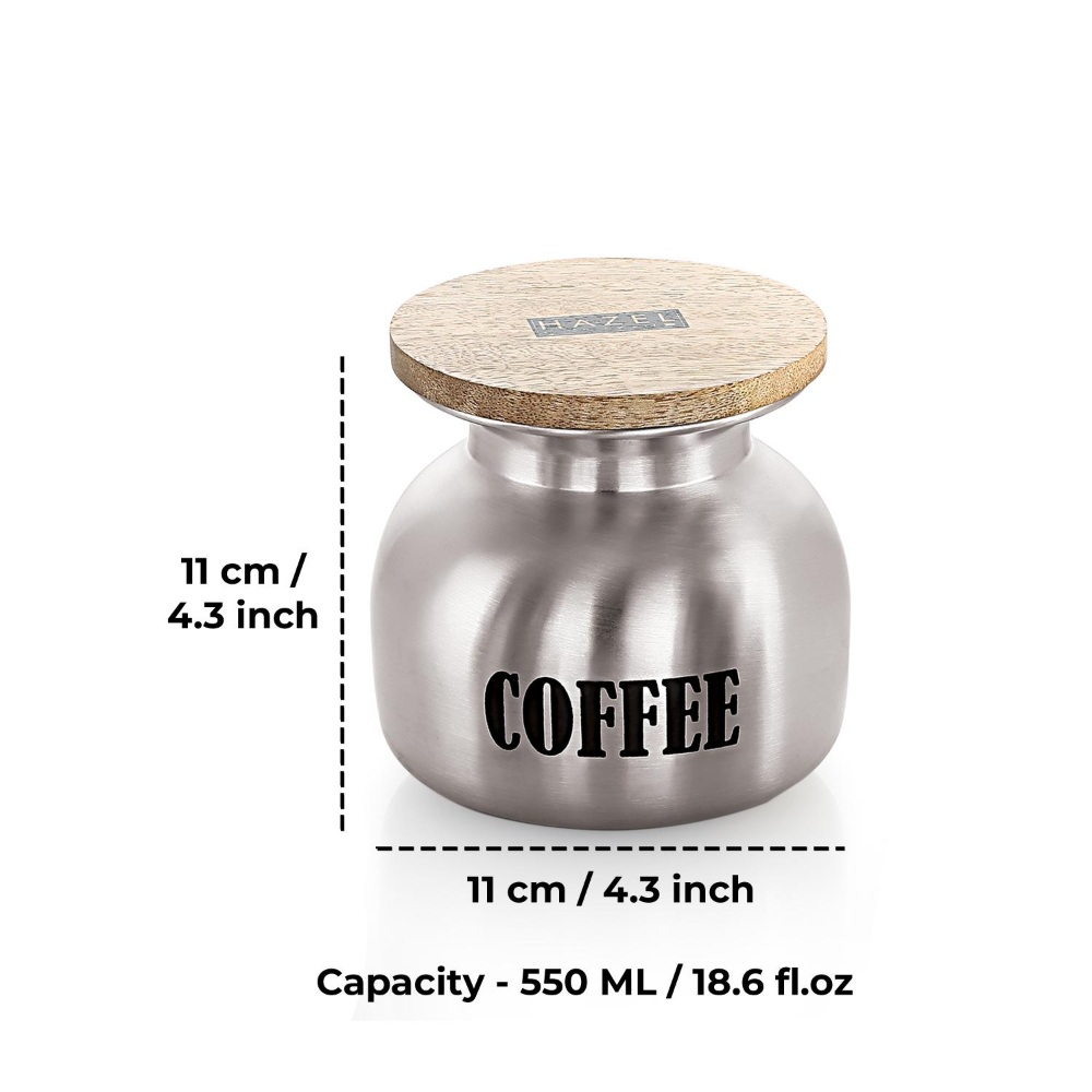 HAZEL Stainless Steel Coffee Container with Lid | Air Tight Containers for Kitchen Storage, 550 ML