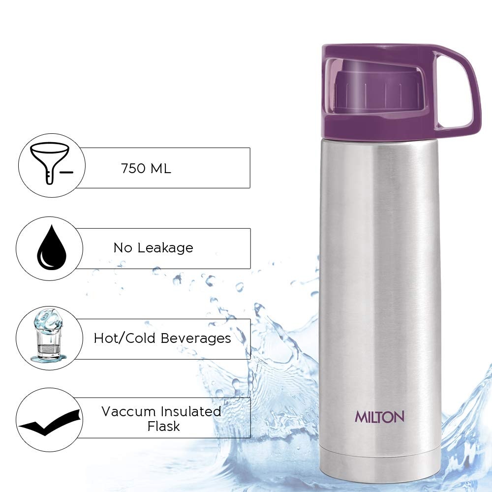 Milton Thermosteel Glassy Hot & Cold Water Bottle With Drinking Cup Lid, 750 ml, Purple