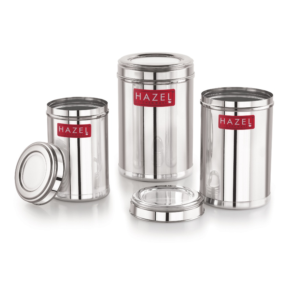 HAZEL Stainless Steel Kitchen Container with Transparent Lid | Top See Through Kitchen Container Set with Matt Finish | Multipurpose Container for Kitchen Storage, Set of 3, 800 ML, 1100 ML, 1600 ML