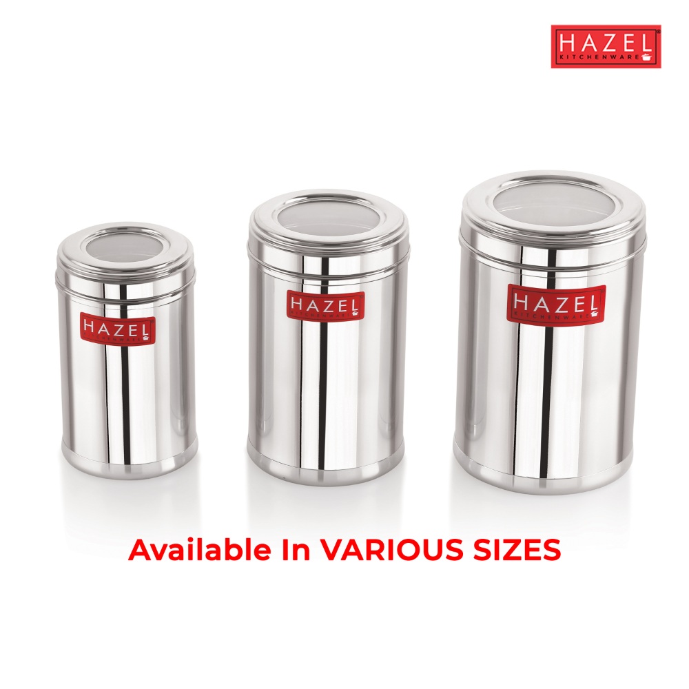 HAZEL Stainless Steel Kitchen Container with Transparent Lid | Top See Through Kitchen Container Set with Matt Finish | Multipurpose Container for Kitchen Storage, Set of 3, 800 ML, 1100 ML, 1600 ML