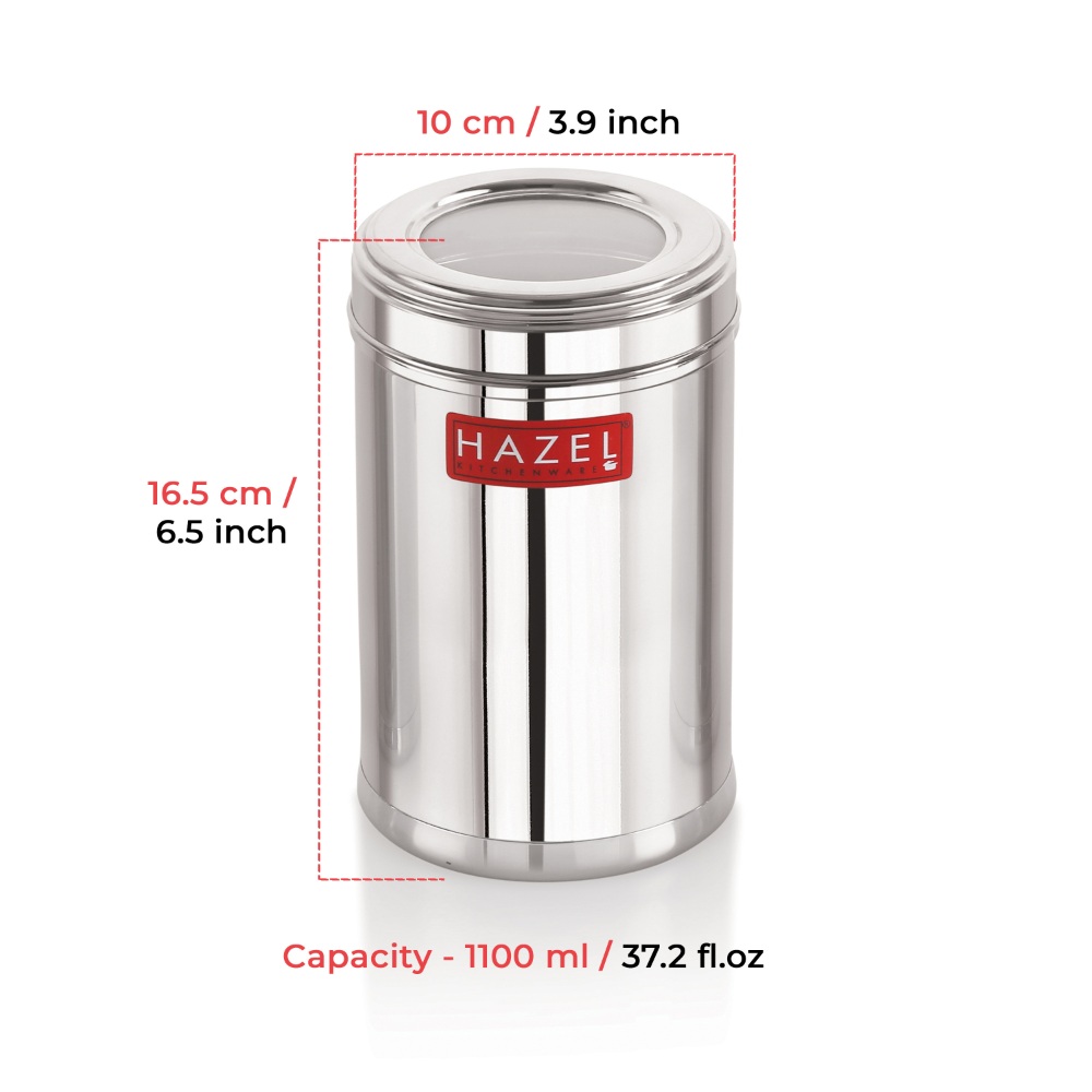 HAZEL Stainless Steel Kitchen Container with Transparent Lid | Top See Through Kitchen Container Set with Matt Finish | Multipurpose Container for Kitchen Storage, 1100 ML, Set of 6