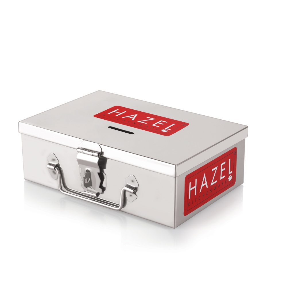 HAZEL Stainless Steel Cash Box for Shop Counter Drawer | Locking Metal Box for Cash with 4 Compartments for Adults, Set of 2, Medium & Large