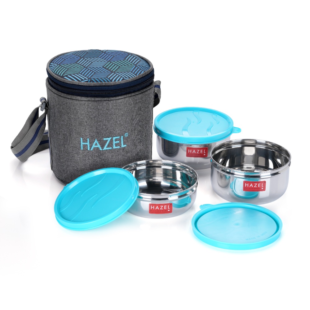 HAZEL Stainless Steel Lunch Box with Lunch Box Bag | Steel Box Set of 3 Air Tight Tiffin Boxes Leak Proof (1 Pc 300 ML , 2 Pc 450 ML Containers) with Cylindrical Lunch Bag with Strap