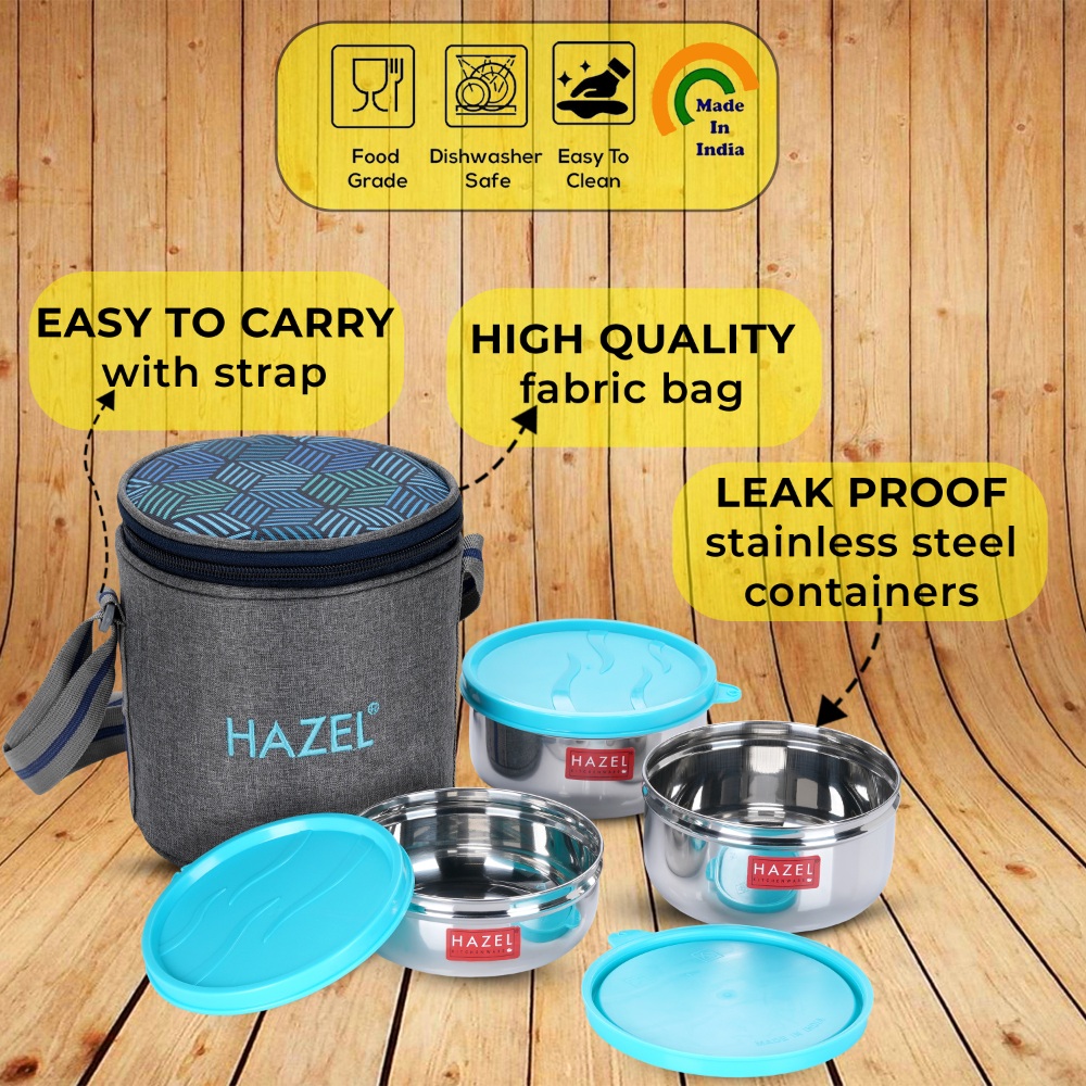 HAZEL Stainless Steel Lunch Box with Lunch Box Bag | Steel Box Set of 3 Air Tight Tiffin Boxes Leak Proof (1 Pc 300 ML , 2 Pc 450 ML Containers) with Cylindrical Lunch Bag with Strap