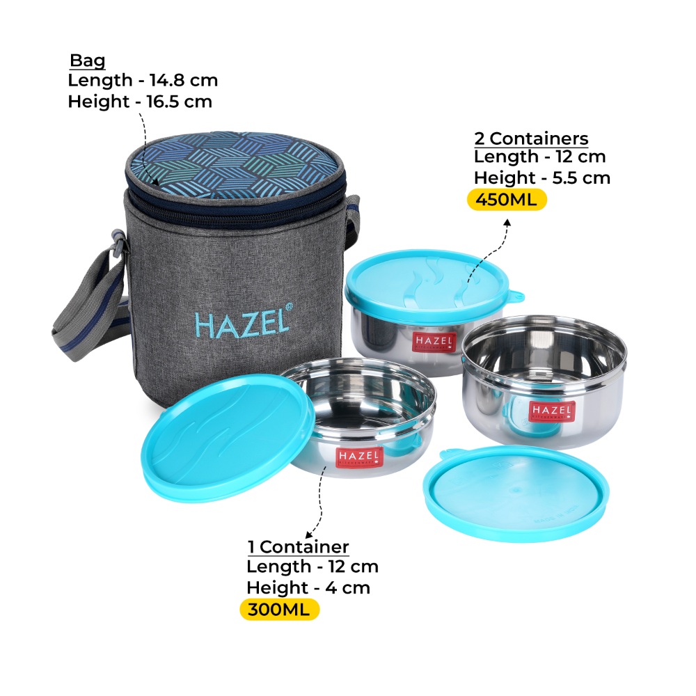 HAZEL Stainless Steel Lunch Box with Lunch Box Bag | Steel Box Set of 3 Air Tight Tiffin Boxes Leak Proof (1 Pc 300 ML , 2 Pc 450 ML Containers) with Cylindrical Lunch Bag with Strap