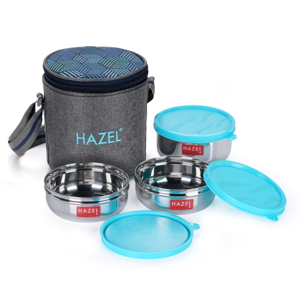 HAZEL Tiffin Box for Office Men & Women | Stainless Steel Lunch Boxes Set of 3 Leak Proof Lunch Box (2 Pc 300 ML , 1 Pc 450 ML Containers) with Cylindrical Lunch Bag with Strap