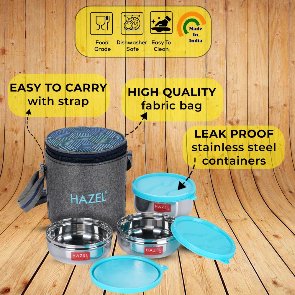 HAZEL Tiffin Box for Office Men & Women | Stainless Steel Lunch Boxes Set of 3 Leak Proof Lunch Box (2 Pc 300 ML , 1 Pc 450 ML Containers) with Cylindrical Lunch Bag with Strap