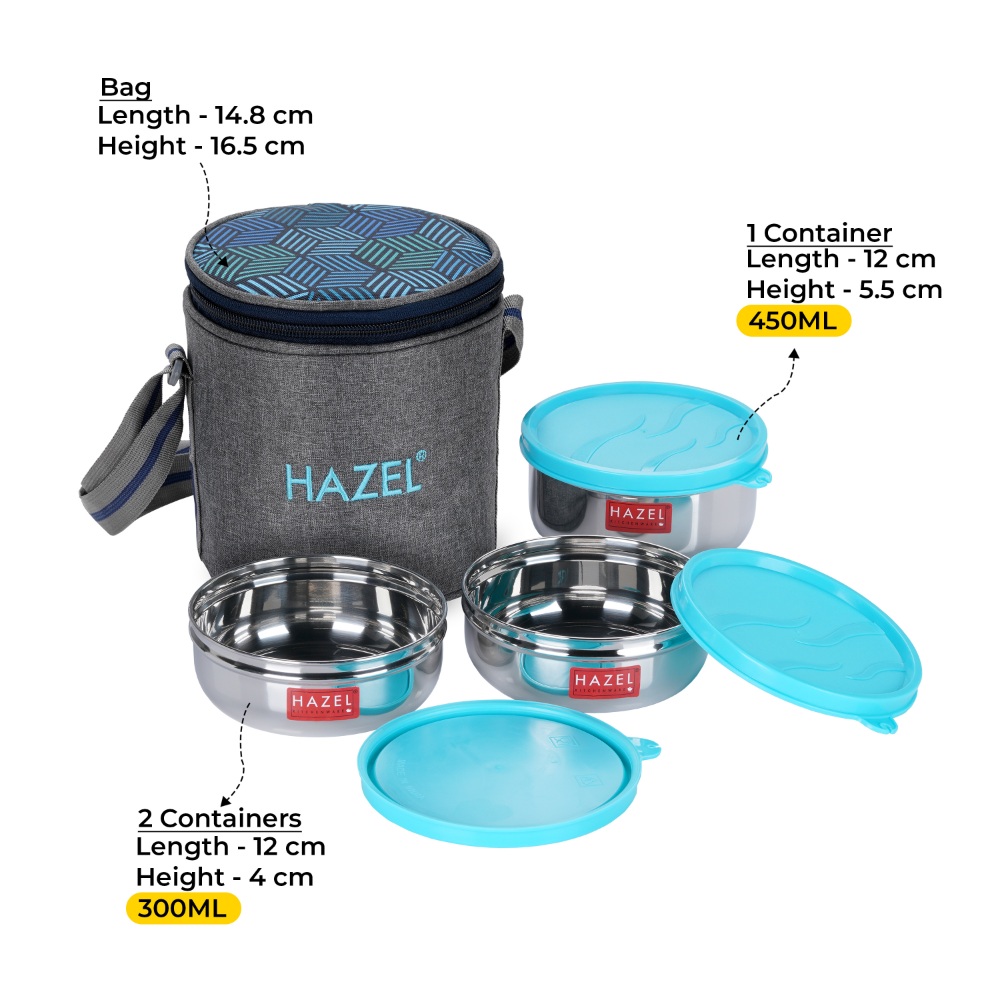 HAZEL Tiffin Box for Office Men & Women | Stainless Steel Lunch Boxes Set of 3 Leak Proof Lunch Box (2 Pc 300 ML , 1 Pc 450 ML Containers) with Cylindrical Lunch Bag with Strap