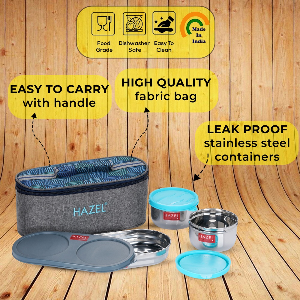 HAZEL Steel Tiffin Box with lunch bag | Stainless Steel Tiffin Boxes for Lunch Box Set of 3 Leak Proof Lunch Box (2 Pc 300 ML Containers with Chapati Roti Dabba) with Lunch Box Bag