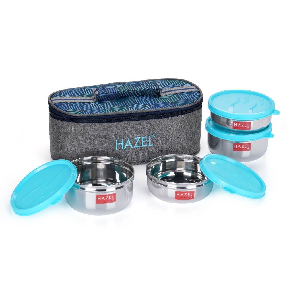 HAZEL Lunch Box for Office Men & Women with Lunch Bag | Tiffin Set of 4 Air Tight Steel Box (2 Pc - 450 ML, 2 Pc -300 ML Containers) Lunch Box Bag