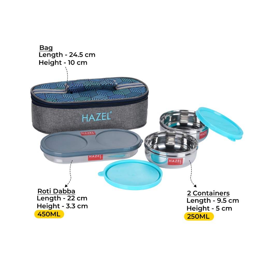 HAZEL Steel Tiffin Box with lunch bag | Stainless Steel Tiffin Boxes for Lunch Box Set of 3 Leak Proof Lunch Box (2 Pc 250 ML Containers with Chapati Roti Dabba) with Lunch Box Bag