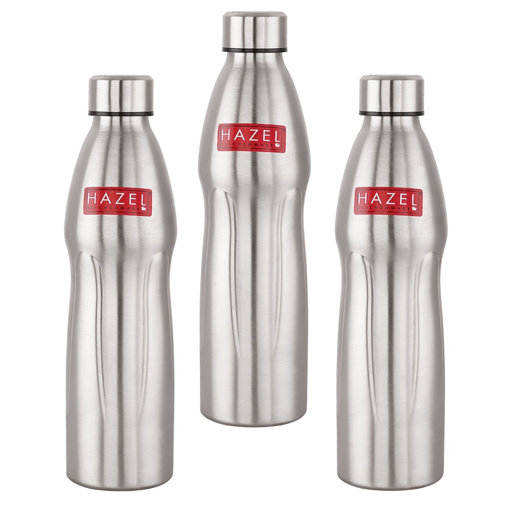 HAZEL Loch S4 Water Bottle 1.1 Litre | Stainless Steel Single Wall Fridge Water Bottle For Office | School | Trekking | Hiking | Travel, Set of 3