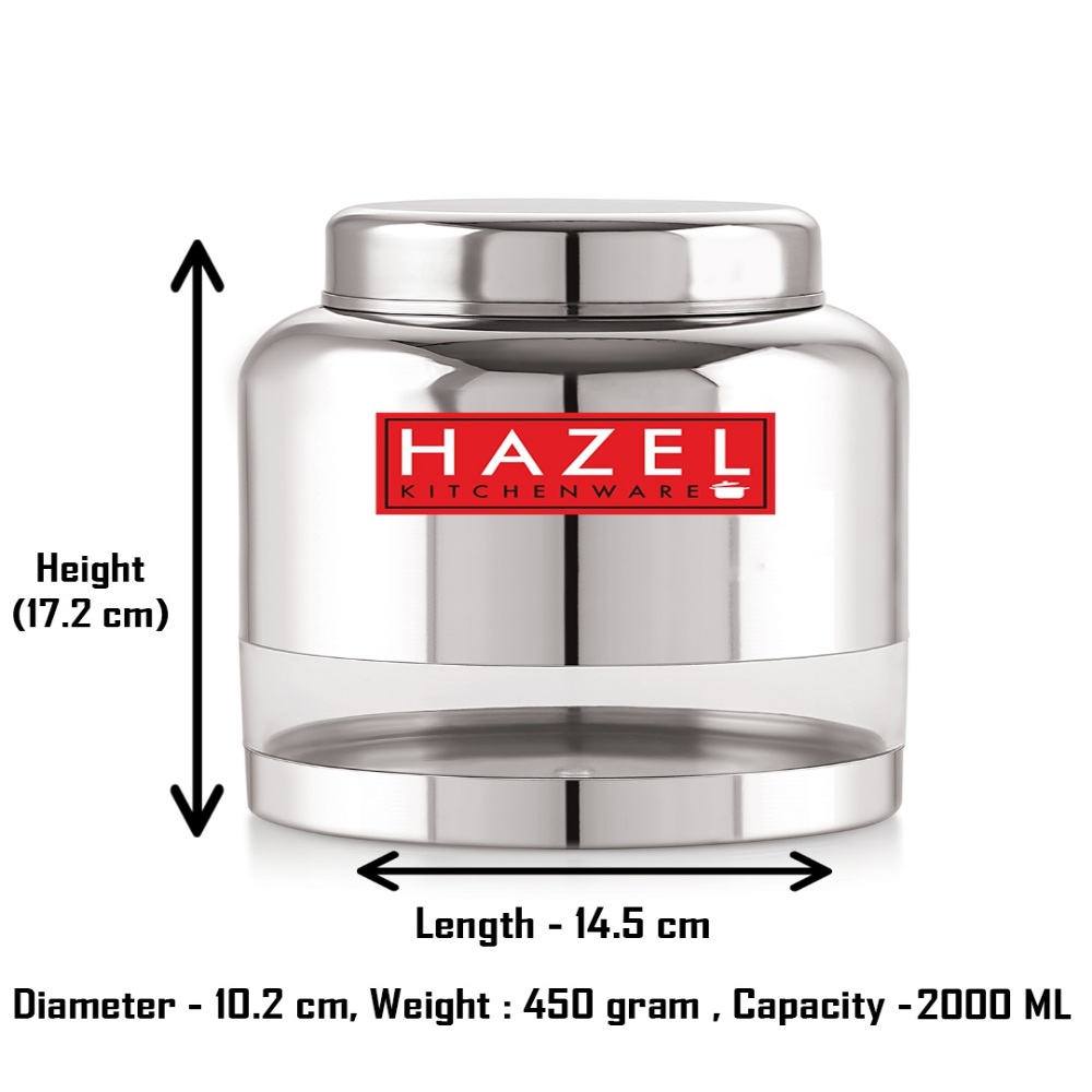 HAZEL Stainless Steel Transparent Container Glossy Finish Airtight See Through Jar Barni, 2000 ML, Silver