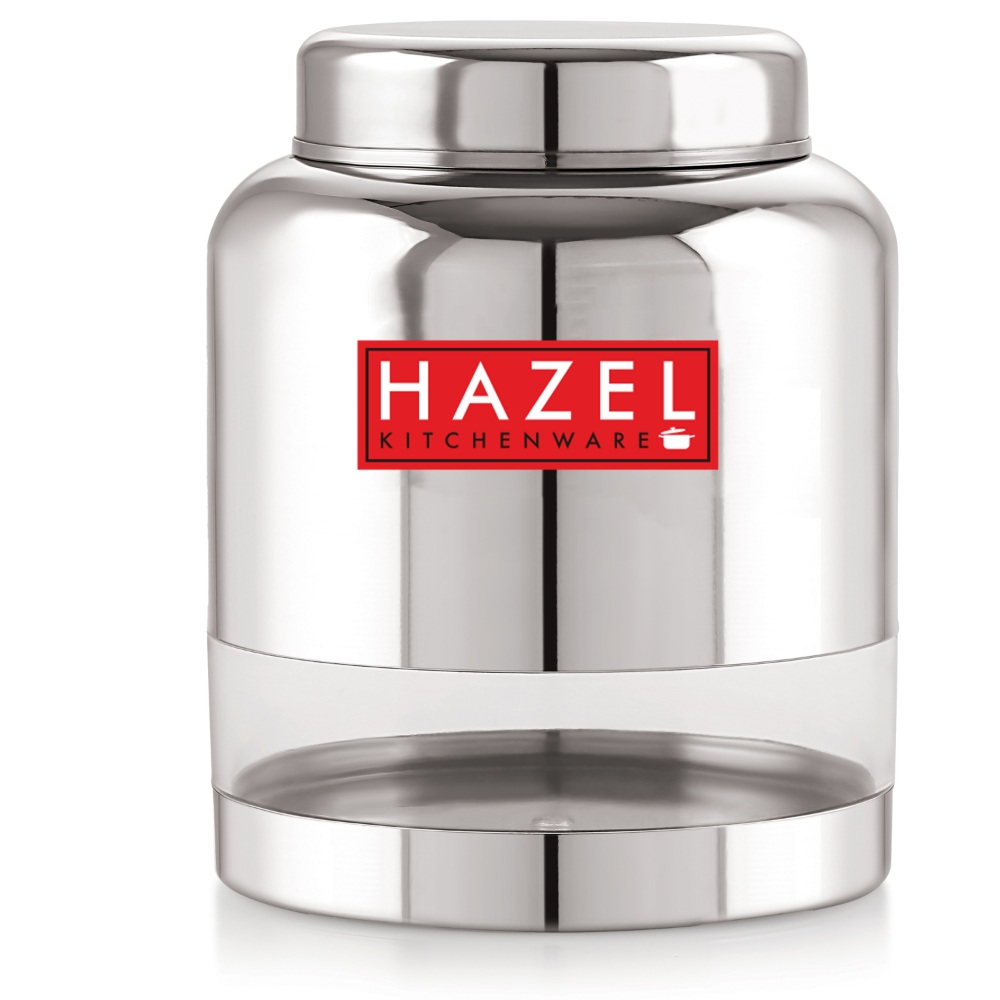 HAZEL Stainless Steel Transparent Container Glossy Finish Airtight See Through Jar Barni, 2000 ML, Silver