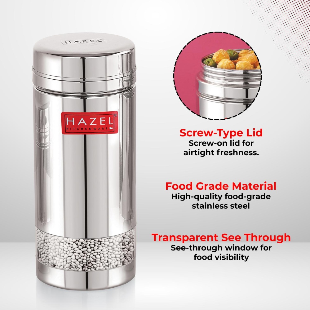 HAZEL Stainless Steel See Through Transparent Container | Kitchen Air Tight Storage Dabba Container, 950 ML