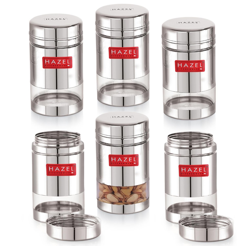 HAZEL Stainless Steel See Through Transparent Container | Kitchen Air Tight Storage Dabba Containers Set of 6, 600 ML