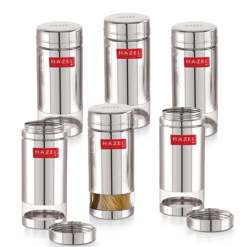 HAZEL Stainless Steel See Through Transparent Container | Kitchen Air Tight Storage Dabba Containers Set of 6, 950 ML