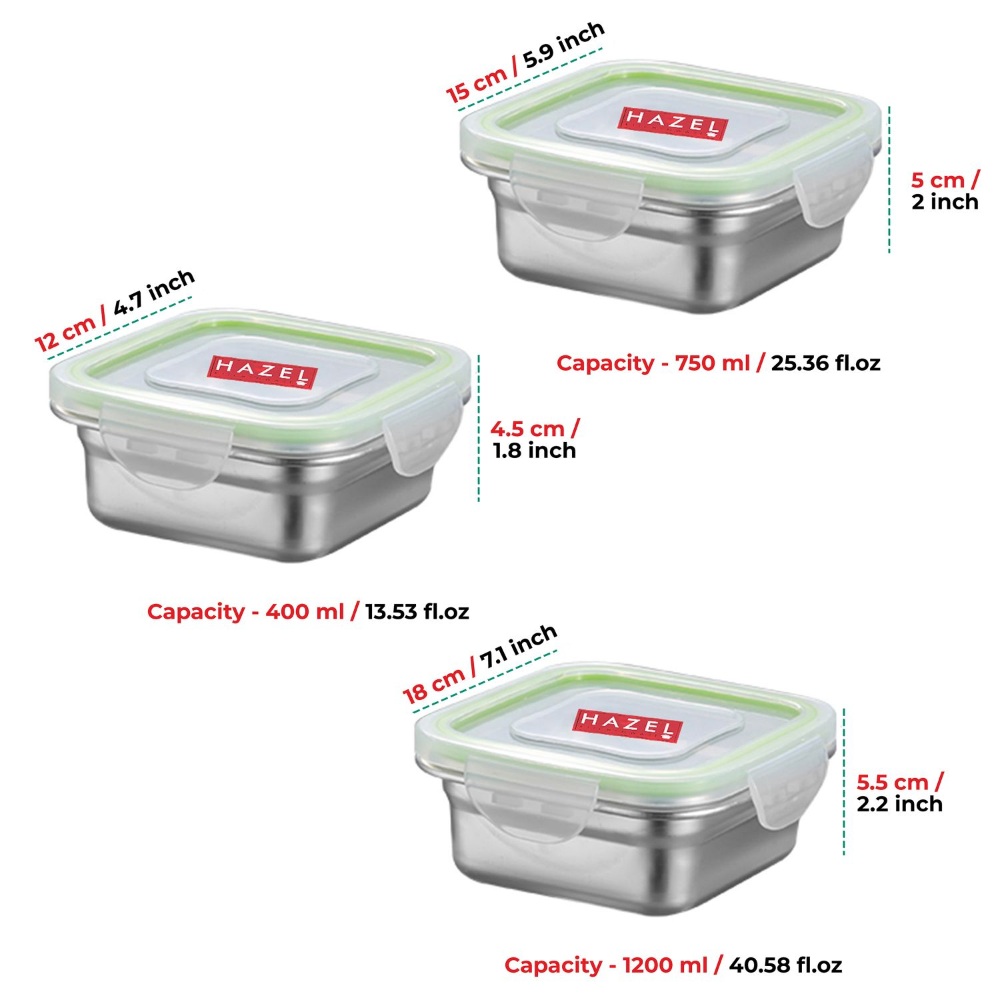 HAZEL Stainless Steel Tiffin Containers With Leakproof Lid | Airtight Steel Lunch Container for Office Men Women College School Kids | Leakproof Steel Microwave Tiffin Box, 400 ML, 750 ML and 1200 ML