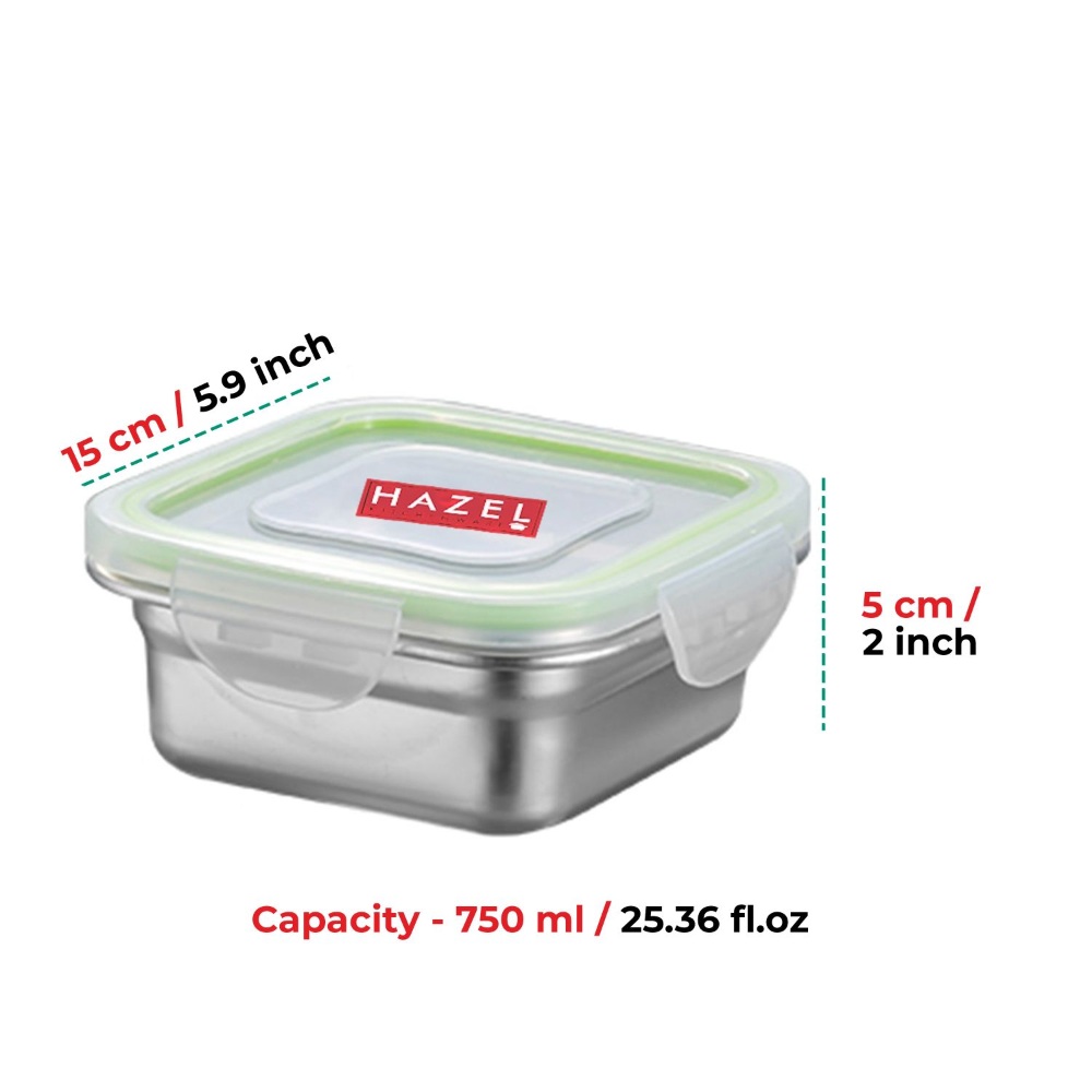 HAZEL Stainless Steel Airtight Containers for Storage with Transparent Lid | Microwave Safe Containers | Leakproof Container for Kitchen Storage, 750 ML