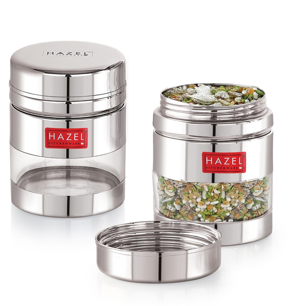 HAZEL Stainless Steel See Through Transparent Container | Kitchen Air Tight Storage Dabba Containers Set of 2, 400 ML