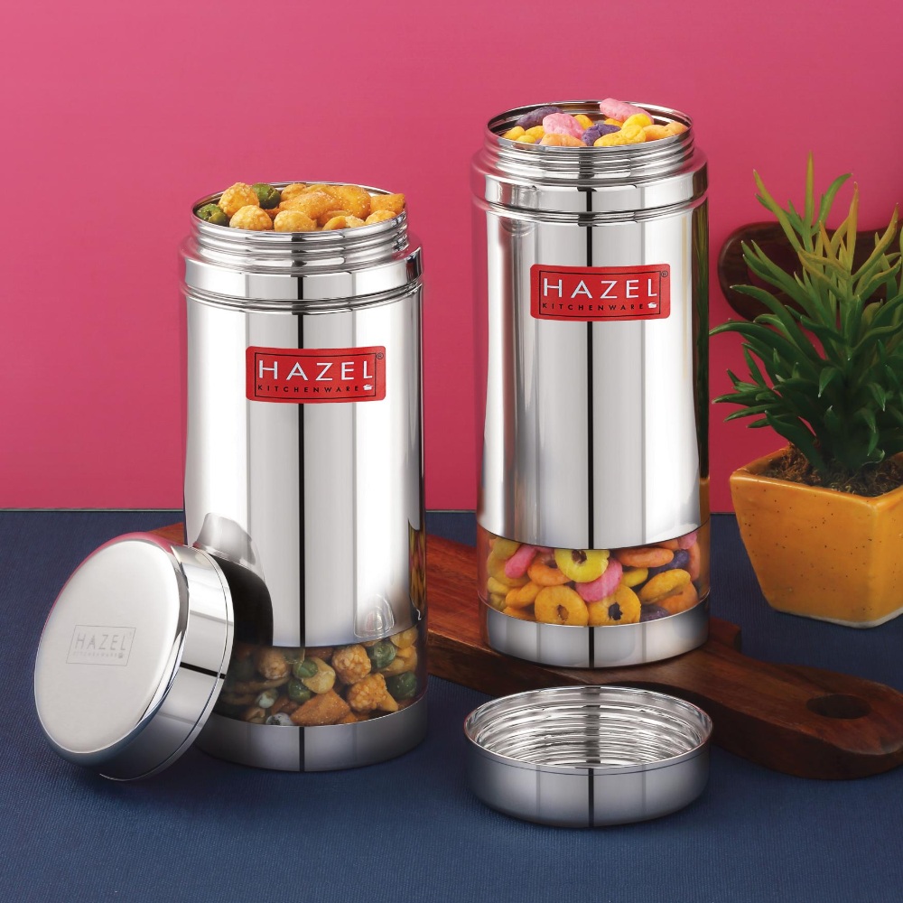 HAZEL Stainless Steel See Through Transparent Container | Kitchen Air Tight Storage Dabba Containers Set of 2, 950 ML