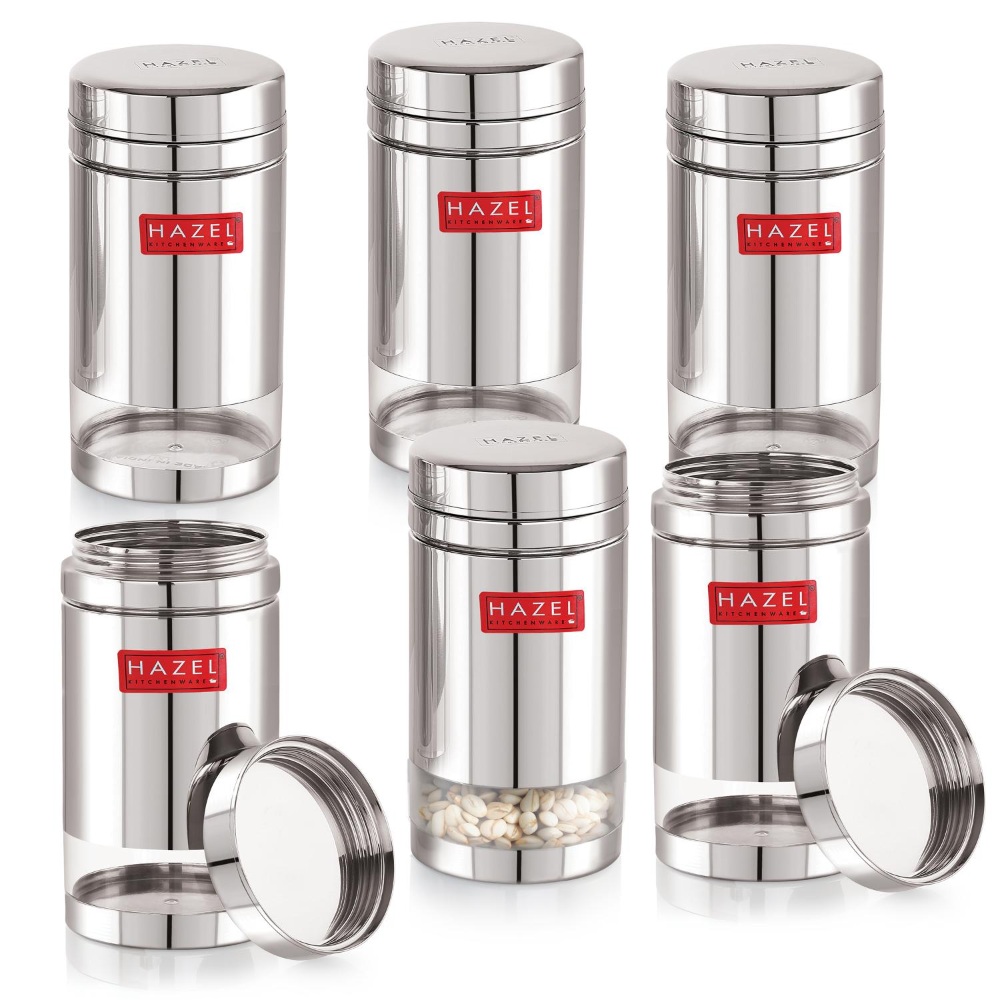 HAZEL Stainless Steel See Through Transparent Container | Kitchen Air Tight Storage Dabba Containers Set of 6, 1200 ML