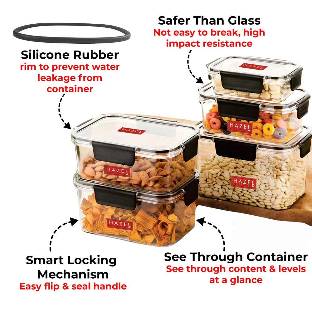 HAZEL Plastic Rectangle Airtight Leak proof Microwave Safe Container Dabba, Set of 5