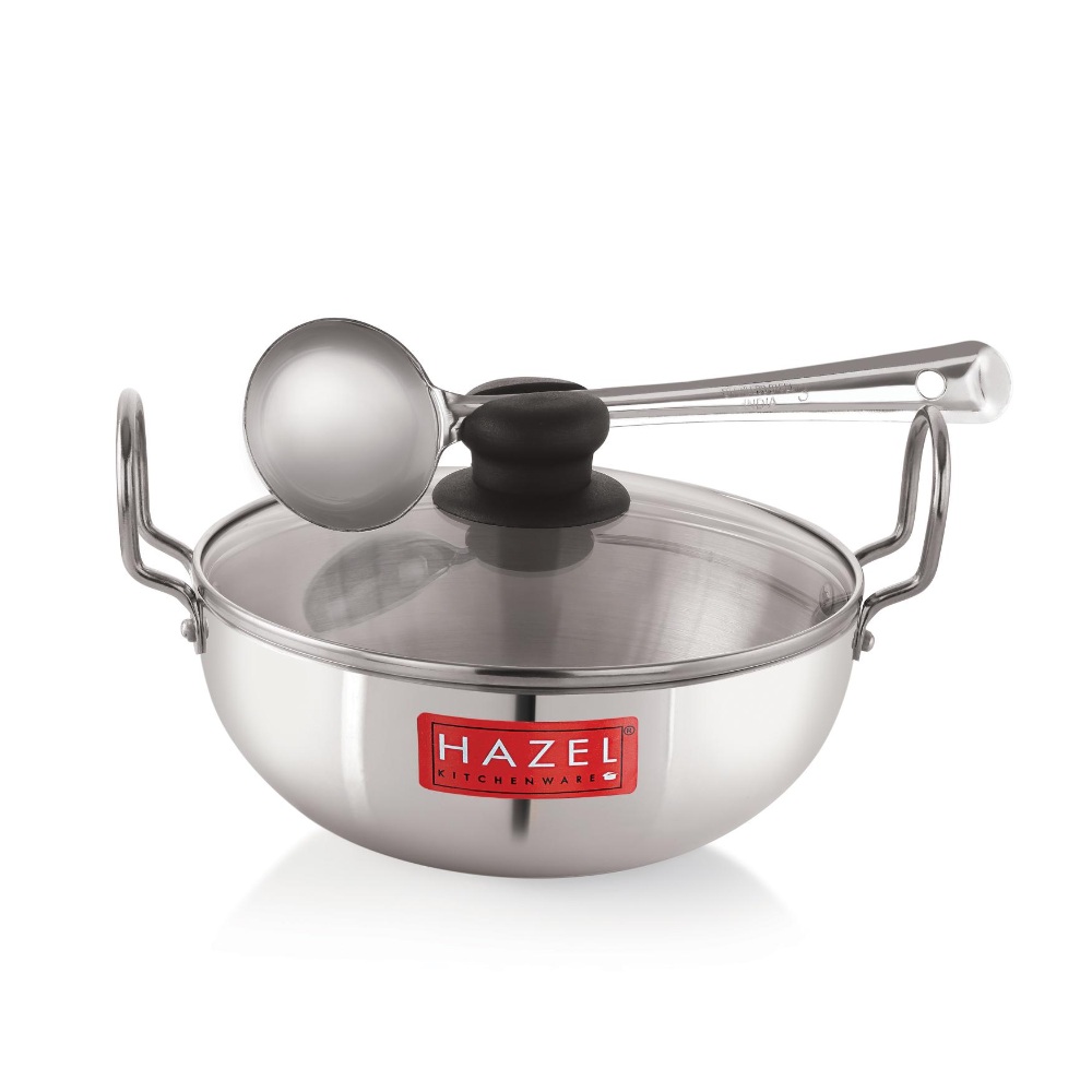 HAZEL 4 mm Aluminium Kadhai Kadai with Glass Lid | Vessels for Cooking Deep Frying Kadai, 1125 ML