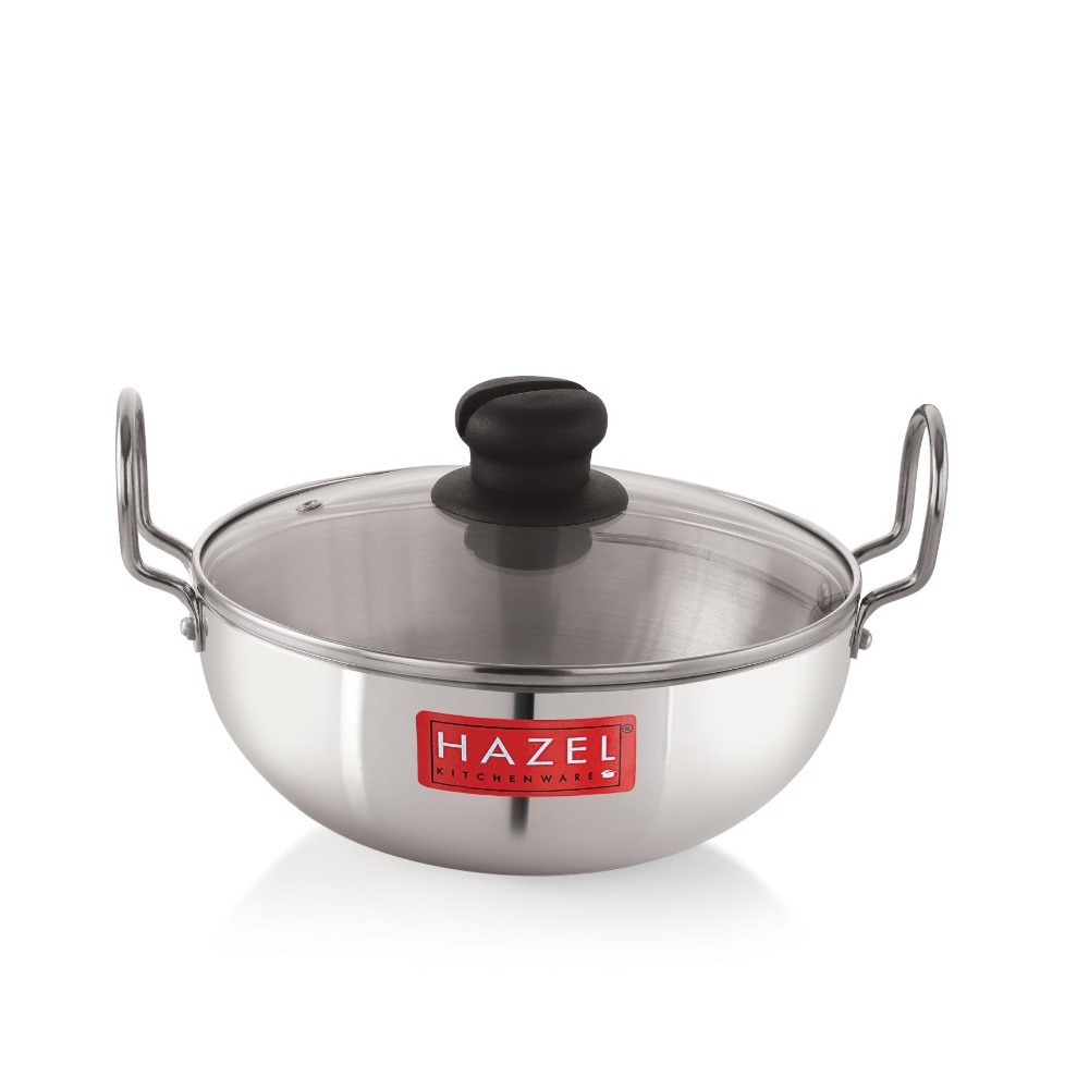 HAZEL 4 mm Aluminium Kadhai Kadai with Glass Lid | Vessels for Cooking Deep Frying Kadai, 1750 ML