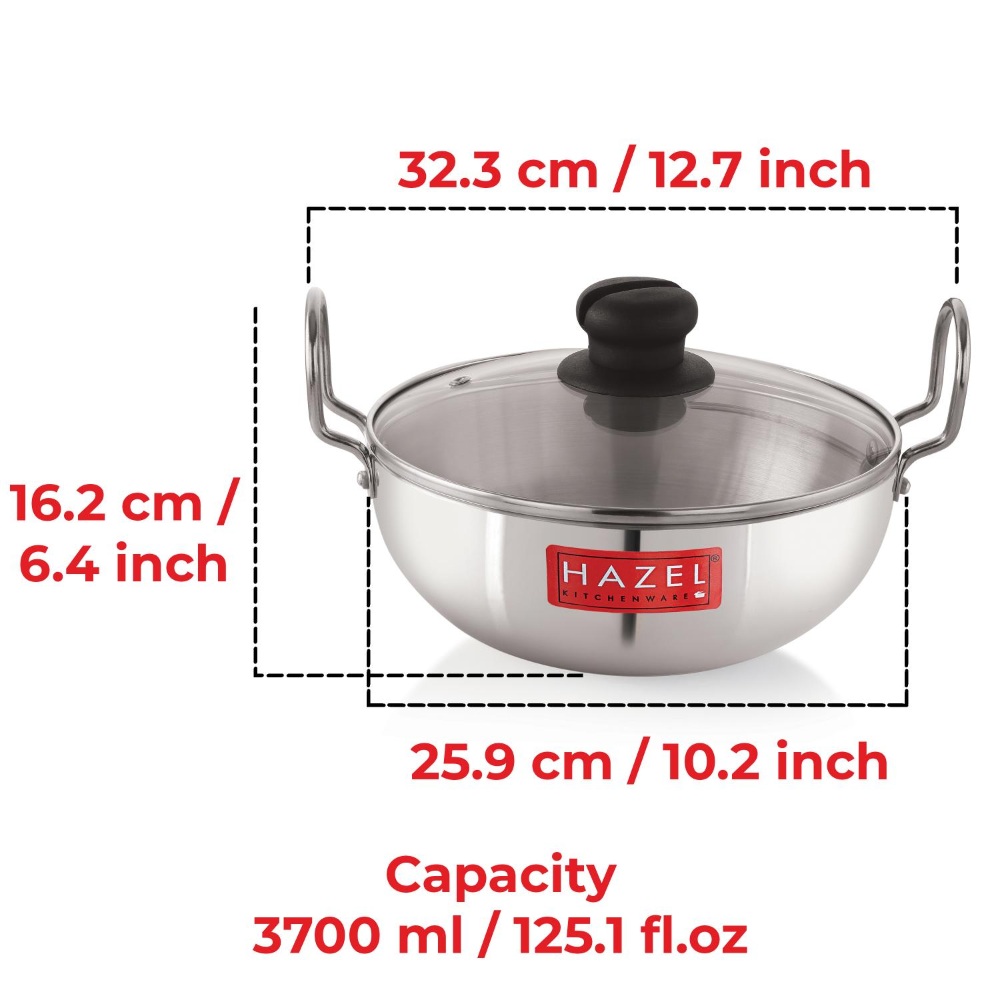 HAZEL 4 mm Aluminium Kadhai Kadai with Glass Lid | Vessels for Cooking Deep Frying Kadai, 3700 ML