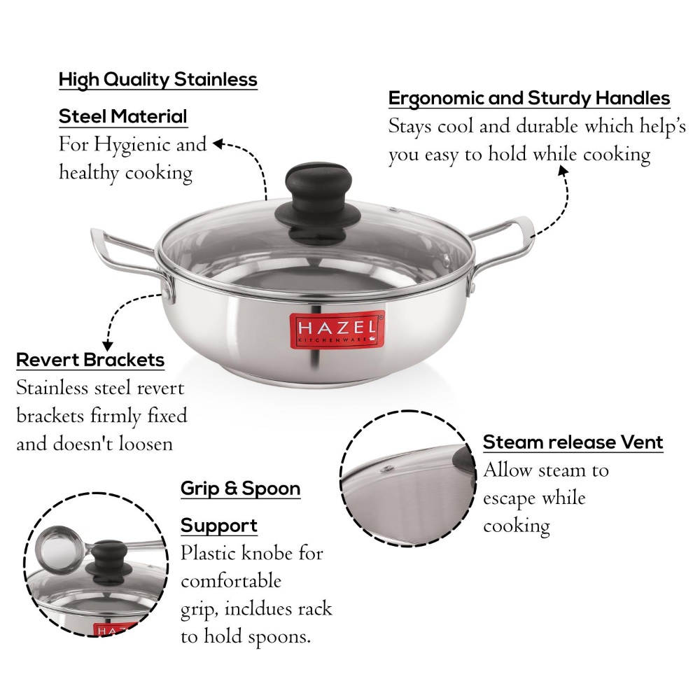 HAZEL Induction Base Kadai Kadhai | Stainless Steel Deep Karahi Induction Bottom Kadahi with Glass Lid Cover Cookware Utensil, 1900 ML