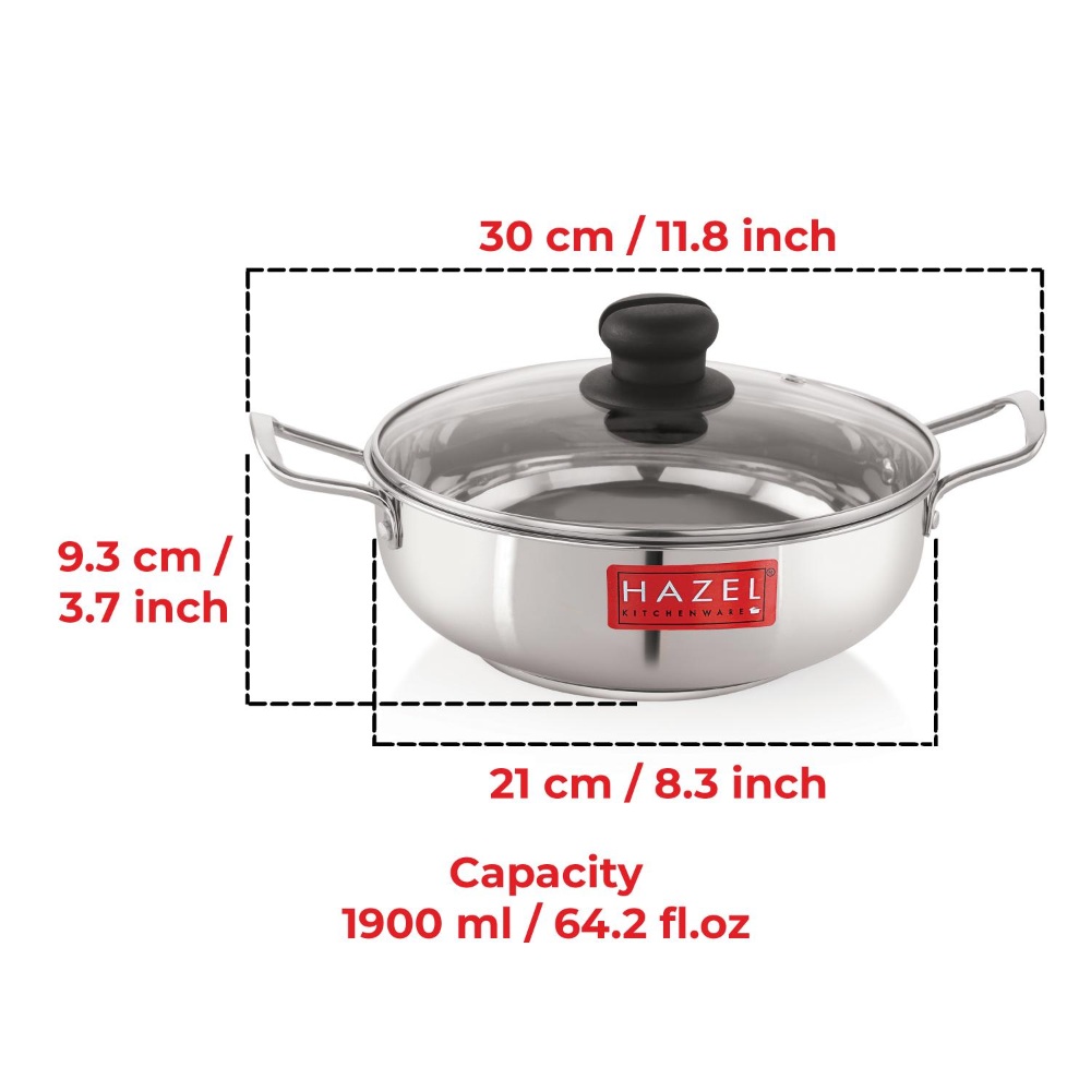 HAZEL Induction Base Kadai Kadhai | Stainless Steel Deep Karahi Induction Bottom Kadahi with Glass Lid Cover Cookware Utensil, 1900 ML