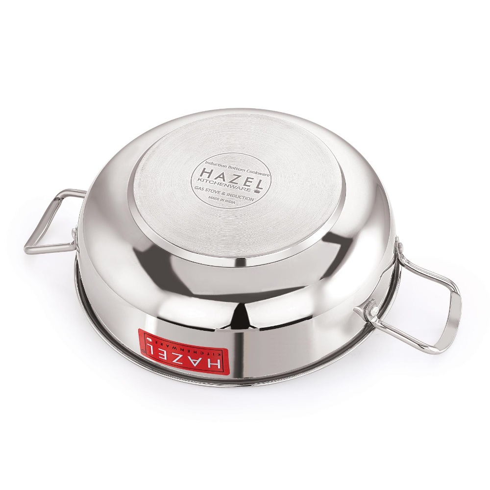 HAZEL Induction Base Kadai Kadhai | Stainless Steel Deep Karahi Induction Bottom Kadahi with Glass Lid Cover Cookware Utensil, 1900 ML