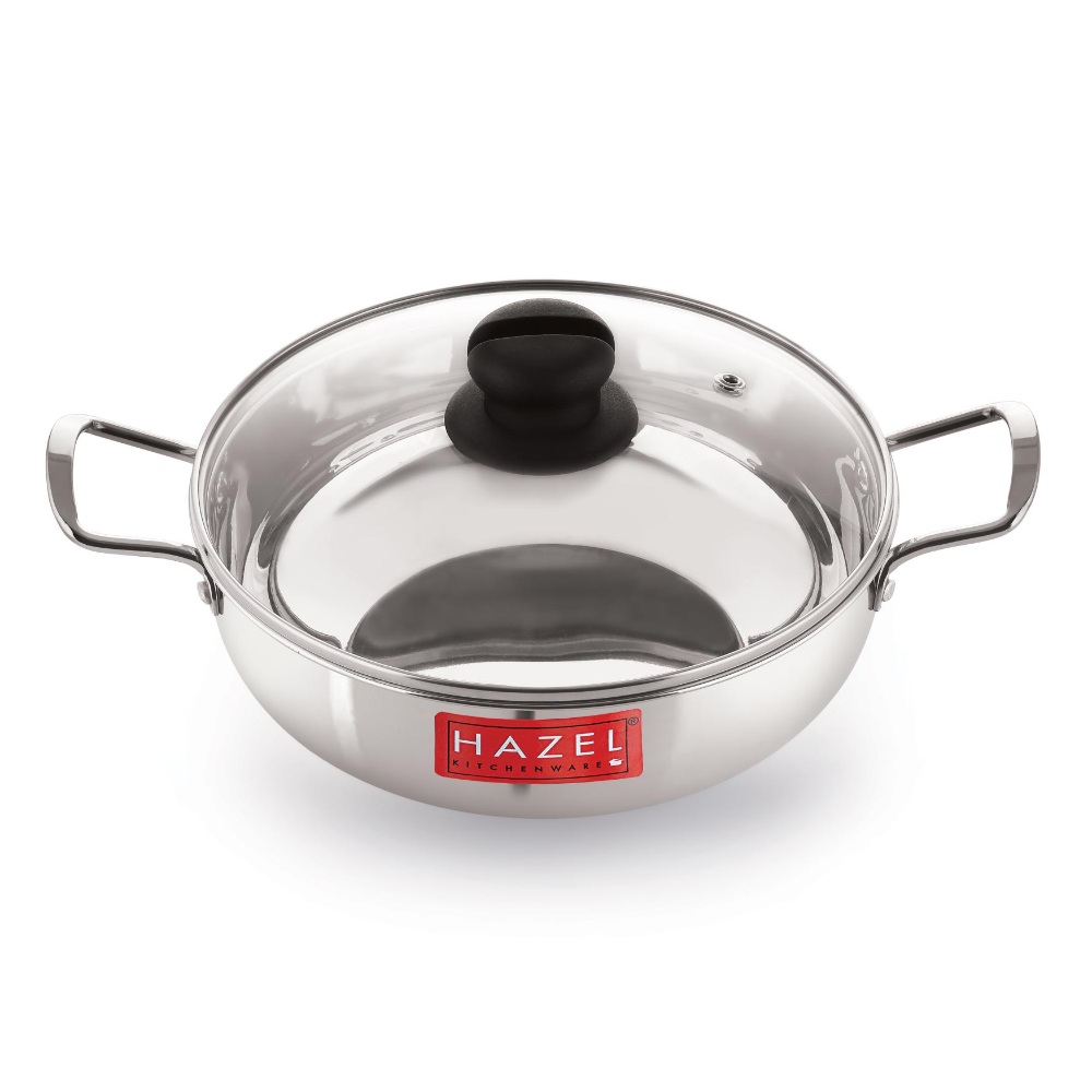 HAZEL Induction Base Kadai Kadhai | Stainless Steel Deep Karahi Induction Bottom Kadahi with Glass Lid Cover Cookware Utensil, 1900 ML