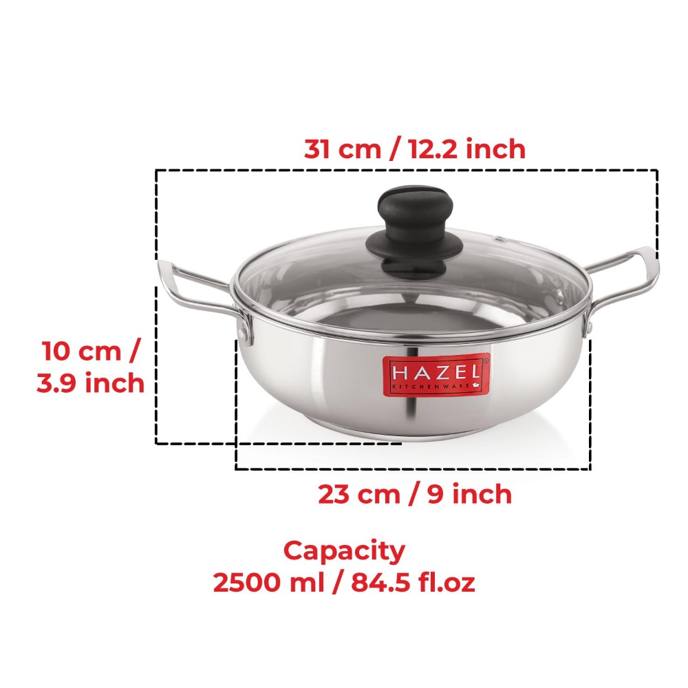 HAZEL Induction Base Kadai Kadhai | Stainless Steel Deep Karahi Induction Bottom Kadahi with Glass Lid Cover Cookware Utensil, 2500 ML