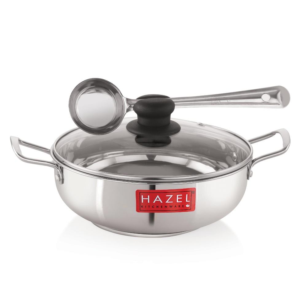 HAZEL Induction Base Kadai Kadhai | Stainless Steel Deep Karahi Induction Bottom Kadahi with Glass Lid Cover Cookware Utensil, 2500 ML