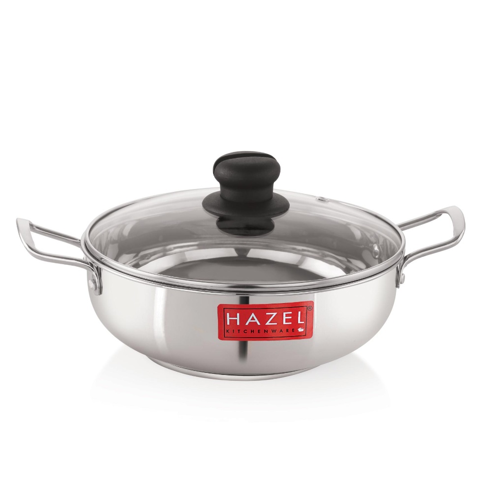 HAZEL Induction Base Kadai Kadhai | Stainless Steel Deep Karahi Induction Bottom Kadahi with Glass Lid Cover Cookware Utensil, 2500 ML