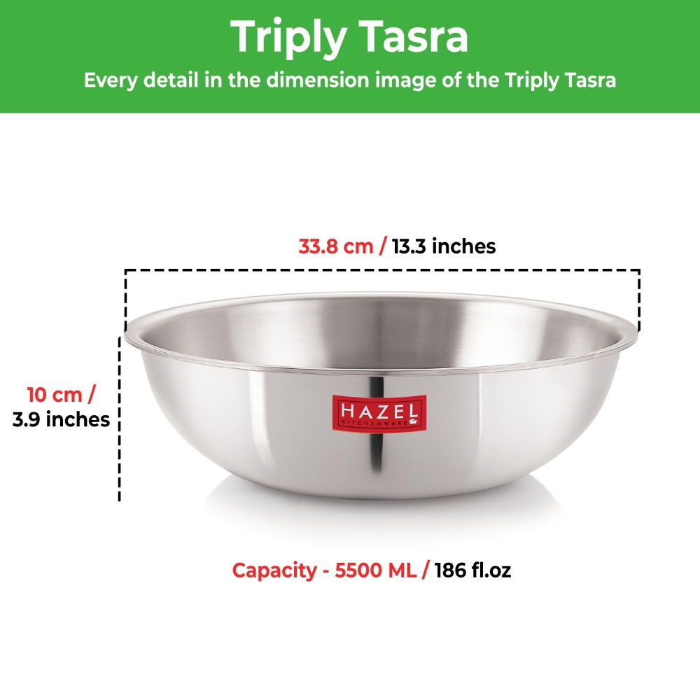 HAZEL Triply Stainless Steel Induction Bottom Tasra Tasla, 5.5 Litre, 33.8 cm