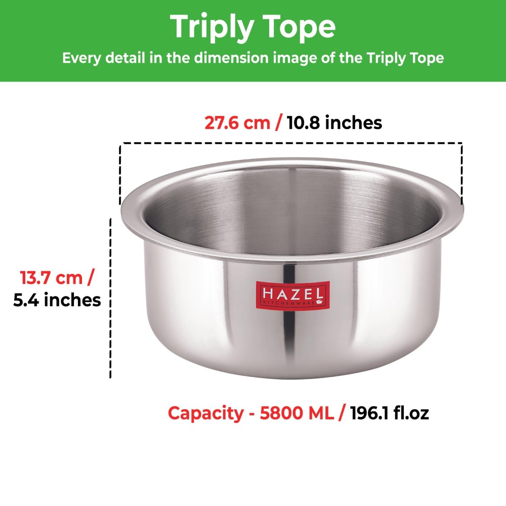 HAZEL Triply Stainless Steel Induction Bottom Boiling Cooking Tope Pot, 5.8 Litre, 27.6 cm