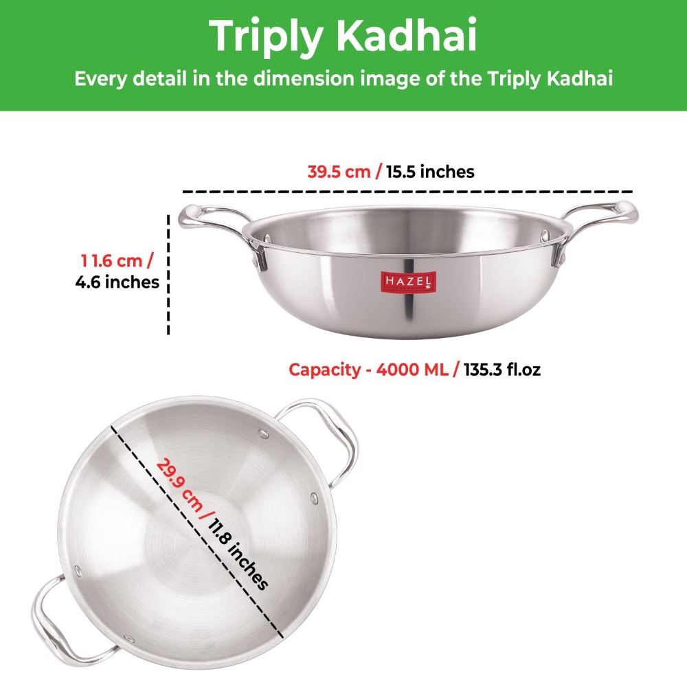 HAZEL Triply Stainless Steel Induction Bottom Kadhai Karahi Kadai, 4 Litre, 29.9 cm