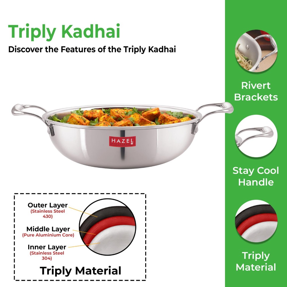 HAZEL Triply Stainless Steel Induction Bottom Kadhai Karahi Kadai, 4 Litre, 29.9 cm