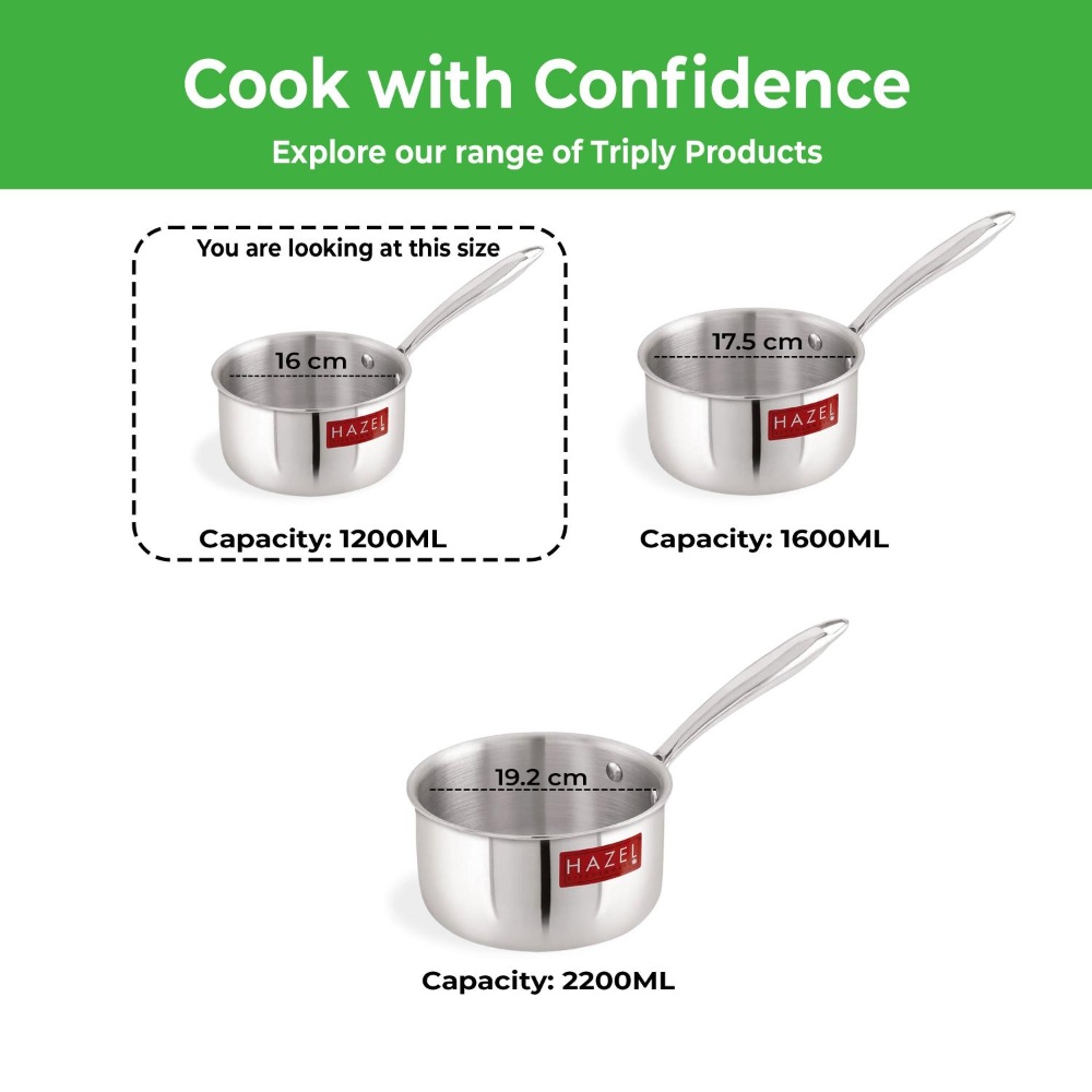 HAZEL Triply Stainless Steel Induction Bottom Saucepan Milkpan, 1.2 Litre, 16 cm