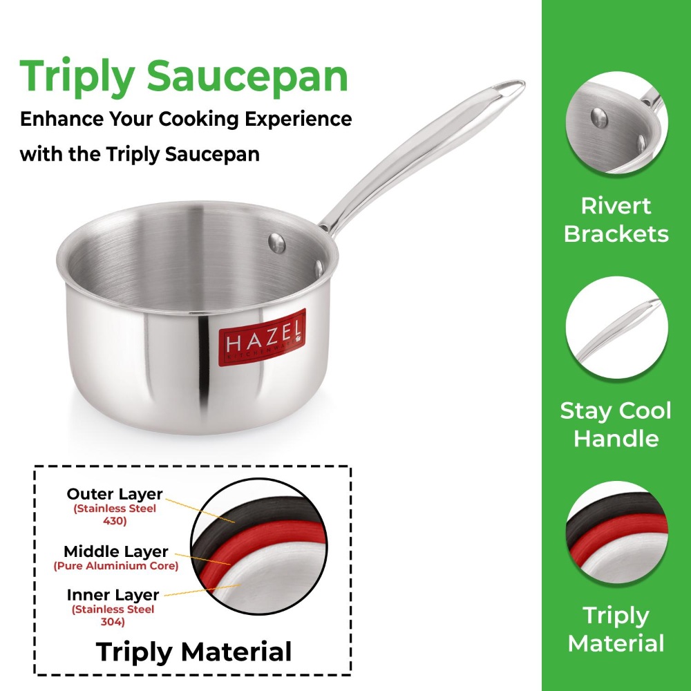 HAZEL Triply Stainless Steel Induction Bottom Saucepan Milkpan, 1.6 Litre, 17.5 cm