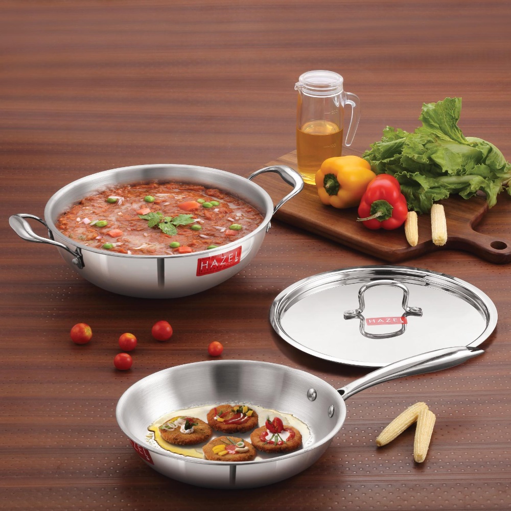 HAZEL Triply Stainless Steel Induction Bottom Kadhai 3 Litre and Fry Pan 1.5 Litre With  Stainless Steel Lid