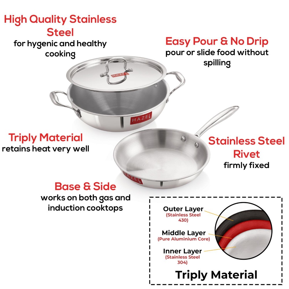 HAZEL Triply Stainless Steel Induction Bottom Kadhai 3 Litre and Fry Pan 1.5 Litre With  Stainless Steel Lid