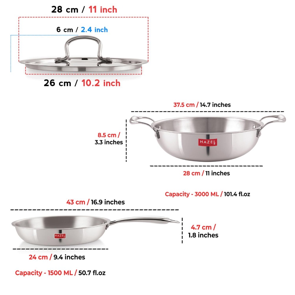 HAZEL Triply Stainless Steel Induction Bottom Kadhai 3 Litre and Fry Pan 1.5 Litre With  Stainless Steel Lid